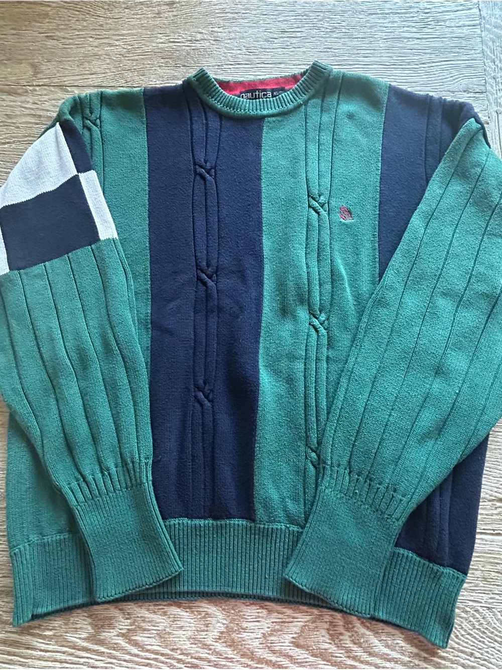 Nautica Men’s Teal & Navy Vertical Stripe Crewneck Sweater
